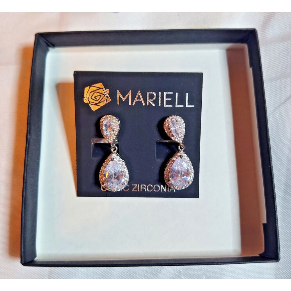 Mariell 3520EC CZ Teardrop Clip-On Wedding Earrings Silver Rhodium w/ Box
